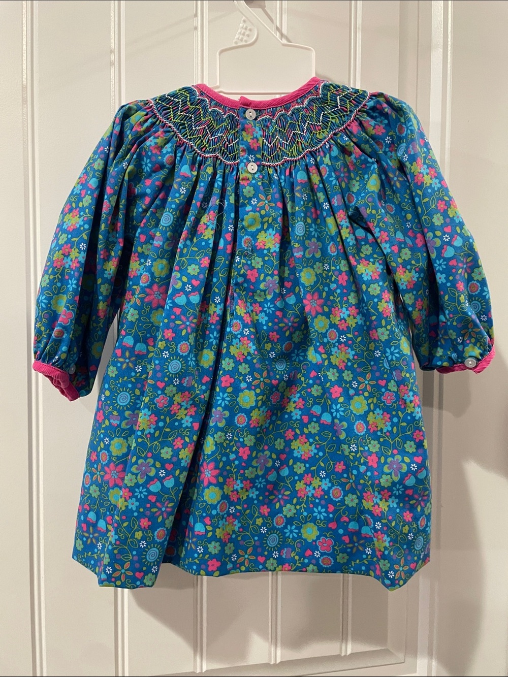 NWOT Petit Ami Blue Smocked Floral Dress with Pink Trim - Picture 2 of 6